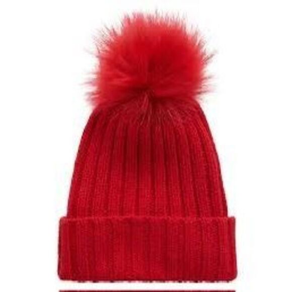 Athleta Ribbed Pom Pom Beanie Wool Blend Hat Candy Red NWOT 1 Size Style 511177 - Picture 2 of 9